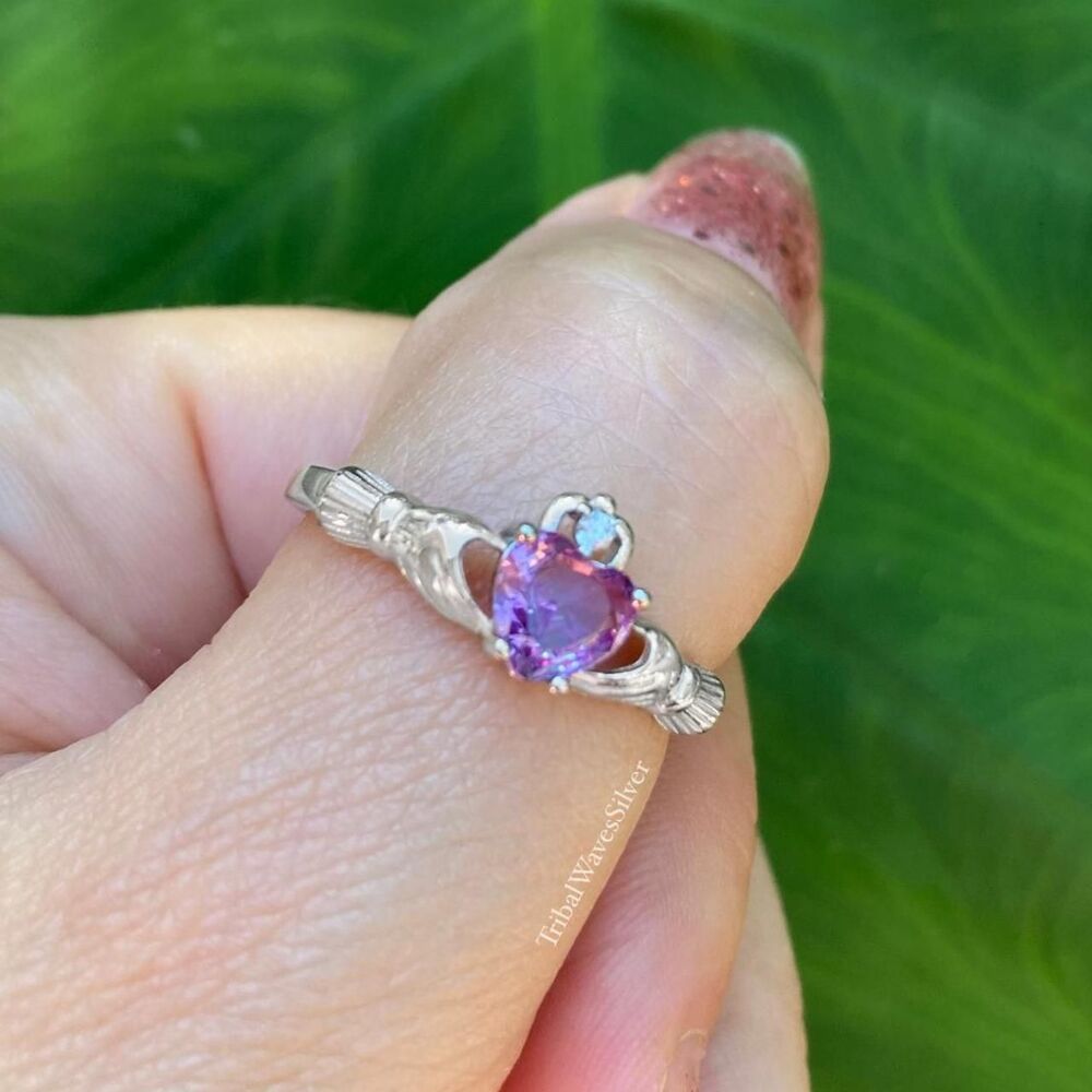 Ombre Pink to Purple Sterling Silver Claddagh Ring Sizes 4 - 8